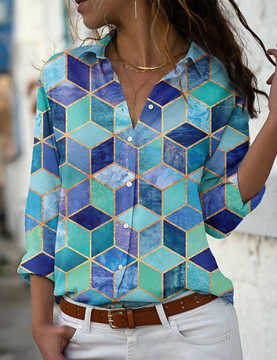 billige Bluser og T-skjorter-Dame Bluse Skjorte Geometrisk Geometrisk Skjortekrage Knapp Trykt mønster Fritid Gatemote Topper Blå Lilla Gul / 3D-utskrift