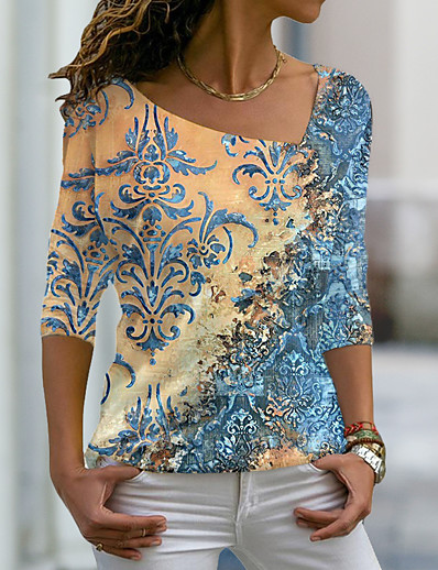 cheap Women-Women&#039;s T shirt Floral Theme Painting Floral V Neck Print Basic Tops Blue Pink Yellow / 3D Print