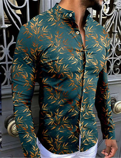 cheap Men-Men&#039;s Shirt Leaves 3D Print Turndown Street Casual Long Sleeve Button-Down Print Tops Casual Fashion Comfortable Green / Spring / Summer