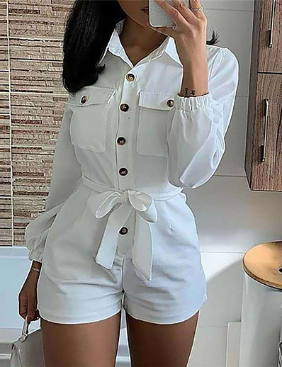 cheap Women-Women&#039;s Casual Streetwear Shirt Collar Street Daily Wear High Waist White Romper Button Solid Colored