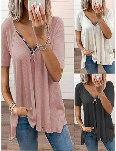 cheap Tees &amp; T Shirts-Women&#039;s T shirt Short Sleeve Plain V Neck Basic Tops White Gray Pink / Wash with similar colours / Micro-elastic
