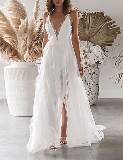 Χαμηλού Κόστους Τάσεις της μόδας 2022-Γυναικεία Μακρύ φόρεμα Φόρεμα ριχτό από τη μέση και κάτω Λευκό Αμάνικο Σκίσιμο Δαντέλα Συμπαγές Χρώμα Βαθύ V Άνοιξη Καλοκαίρι Πάρτι Αργίες Κομψό Ρομαντικό Σέξι 2021 Τ M L XL