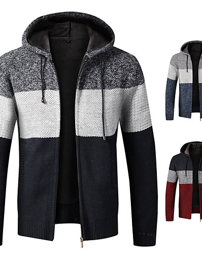 cheap Basic Collection-Men&#039;s Sweater Cardigan Bishop Sleeve Basic Hooded Thick Fall &amp; Winter Wine Red Blue Dark Blue