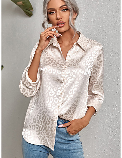hesapli Bluzlar ve Gömlekler-Kadın&#039;s Bluz Gömlek Leopar Gömlek Yaka Buton Desen Günlük Sokak Şıklığı Üstler Yonca Havuz Haki