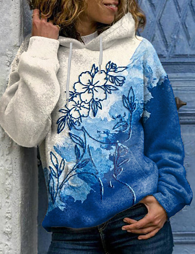 billige Hættetrøjer &amp; sweatshirts-Dame Blomstret Hattetrøje Sweatshirt Frontlomme Trykt mønster 3D-udskrivning Afslappet Sport Ferie Aktiv Gade Hættetrøjer Sweatshirts Grøn Blå Navyblå