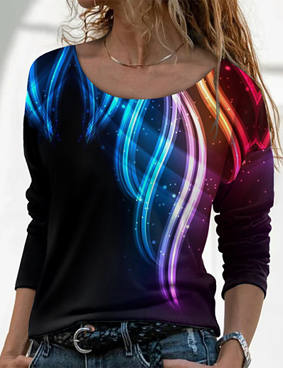 cheap Women-Women&#039;s T shirt Painting Graphic Sparkly Glittery Round Neck Print Basic Tops Blue / 3D Print