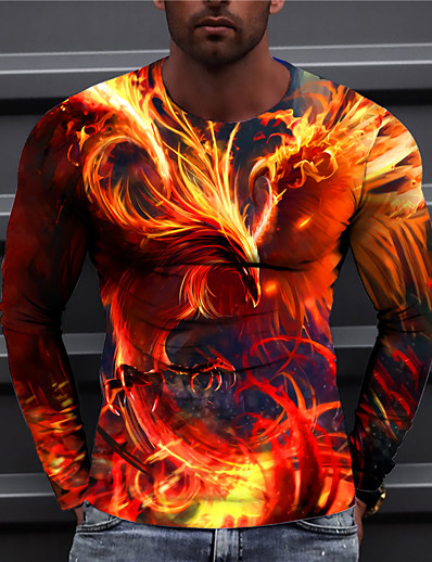 cheap Men-Men&#039;s Unisex T shirt Graphic Prints Phoenix 3D Print Crew Neck Daily Holiday Long Sleeve Print Tops Casual Designer Big and Tall Orange