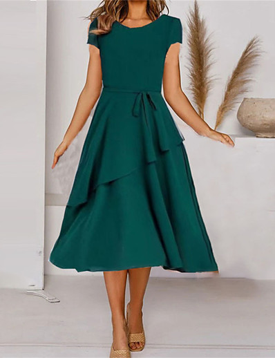 cheap Dresses-Women&#039;s Knee Length Dress A Line Dress Green Short Sleeve Layered Lace up Solid Color Boat Neck Spring Summer Elegant Vintage 2021 M L XL 2XL 3XL 4XL