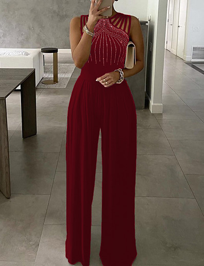cheap Women-Women&#039;s Casual Daily Crew Neck Casual Wide Leg Blue Black Wine Jumpsuit Beaded Solid Color