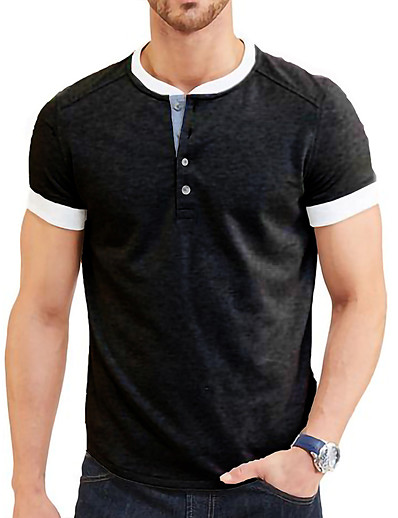 hesapli Erkek Giyim-Erkek T gömlek Zıt Renkler Yuvarlak Yaka Orta İlkbahar yaz Havuz Siyah Gri