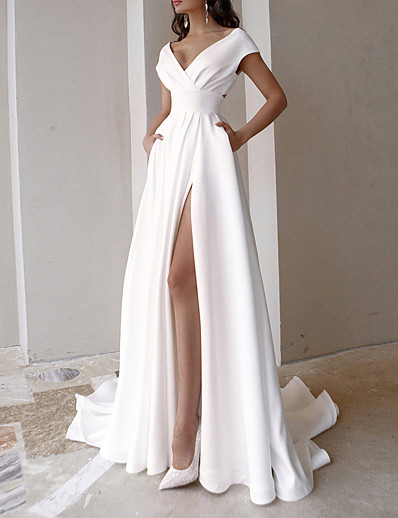 Χαμηλού Κόστους Γυναικεία Φορέματα-Γυναικεία Μακρύ φόρεμα Φόρεμα ριχτό από τη μέση και κάτω Λευκό Αμάνικο Σκίσιμο Σουρωτά Συμπαγές Χρώμα Λαιμόκοψη V Βαθύ V Άνοιξη Καλοκαίρι Πάρτι Κομψό &amp; Πολυτελές Επίσημο Ρομαντικό 2022 Λεπτό Τ M L XL