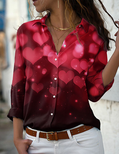 hesapli Bluzlar ve Gömlekler-Kadın&#039;s Bluz Gömlek Sevgililer Günü Çift Kalp Pırıltılı ışıltılı Gömlek Yaka Buton Desen Günlük Sokak Şıklığı Üstler Yonca Havuz Mor / 3D Baskı
