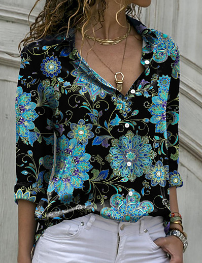 abordables Blusas y camisas-Mujer Blusa Camisa Tema Floral Floral Cuello Camisero Botón Estampado Casual Ropa de calle Tops Verde Trébol Azul Piscina Morado / Impresión 3D