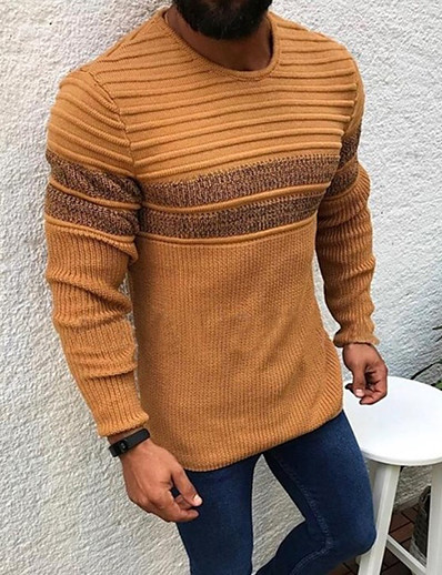 cheap Basic Collection-Men&#039;s Sweater Pullover Bishop Sleeve Color Block Round Neck Medium Fall &amp; Winter Black White Yellow