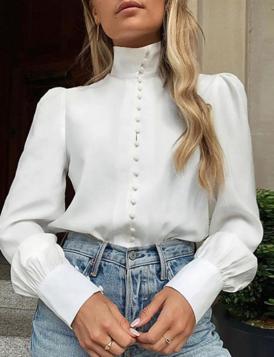 Недорогие Блузы и рубашки-Жен. Блуза Рубашка Полотняное плетение Вырез под горло кнопка Уличный стиль Верхушки Белый