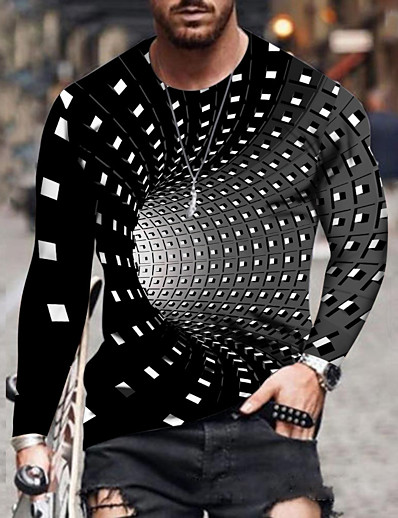 cheap Men-Men&#039;s T shirt Graphic Optical Illusion Round Neck Plus Size Daily Going out Long Sleeve Print Tops Streetwear Exaggerated Rainbow