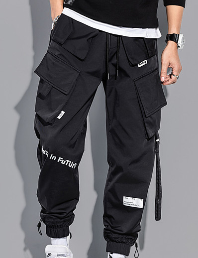 cheap Men-Men&#039;s Fashion Streetwear Multiple Pockets Elastic Drawstring Design Jogger Tactical Cargo Trousers Pants Casual Daily Solid Color Mid Waist Breathable Soft Blue Black M L XL XXL