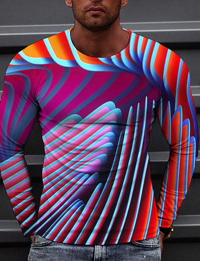 cheap Men-Men&#039;s Unisex T shirt Striped Graphic Prints 3D Print Crew Neck Daily Holiday Long Sleeve Print Tops Casual Designer Big and Tall Pink