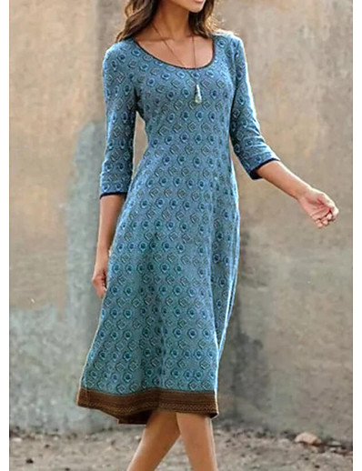 저렴한 여성용 의류-여성용 A 라인 드레스 프린트 클래식 단순한 라운드 넥 모든계절 &amp; 가을 표준 퍼플 다크 레드 클로버