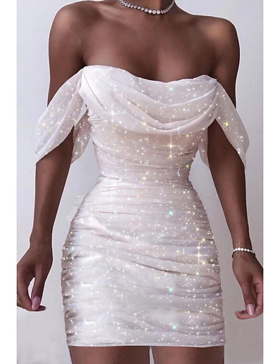 Χαμηλού Κόστους Γυναικεία Φορέματα-Γυναικεία Μίνι φόρεμα Φόρεμα σε γραμμή Α Λευκό Κοντομάνικο Σουρωτά Συμπαγές Χρώμα Στράπλες Φθινόπωρο Χειμώνας Κομψό 2022 Τ M L XL