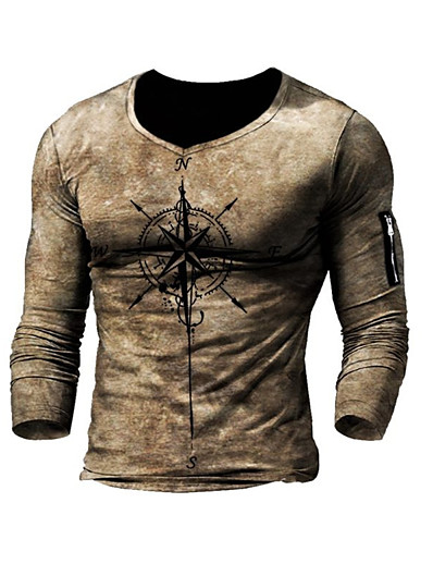 cheap Men-Men&#039;s T shirt Graphic Compass Crew Neck Casual Daily Long Sleeve Tops Lightweight Fashion Big and Tall Khaki