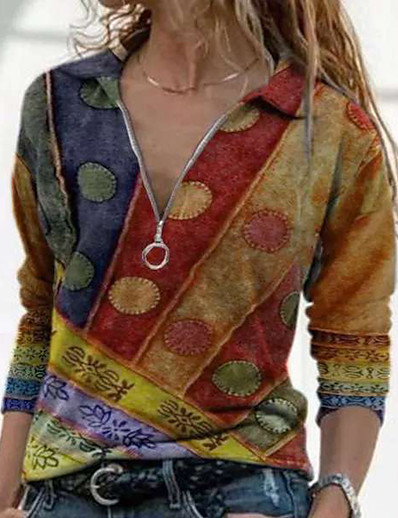 cheap Hoodies &amp; Sweatshirts-Women&#039;s Blouse Shirt Boho Geometric Graphic Geometric Abstract Shirt Collar Zipper Basic Ethnic Boho Tops Blue Purple Red