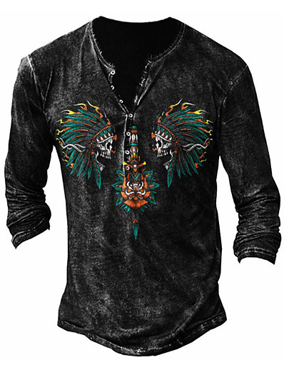 cheap Men-Men&#039;s Henley Shirt T shirt Graphic Tribal Skull Henley Plus Size Street Casual Long Sleeve Button-Down Print Tops Basic Casual Classic Big and Tall Black