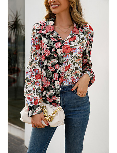 billige Bluser og T-skjorter-Dame Bluse Skjorte Blomster Tema Blomstret Skjortekrage Knapp Trykt mønster Fritid Mote Gatemote Topper Svart / 3D-utskrift