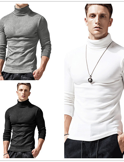 cheap Basic Collection-Men&#039;s T shirt Solid Color Turtleneck Casual Daily Long Sleeve Patchwork Tops Simple Basic Formal Fashion White Black Gray