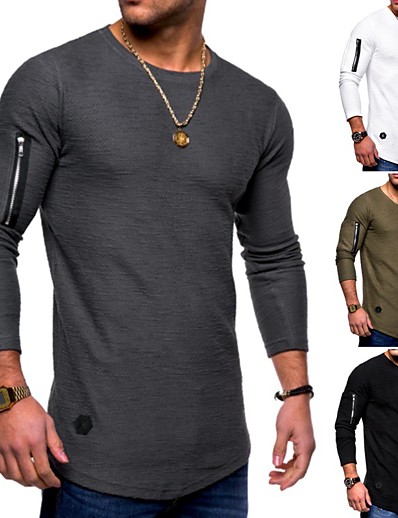 저렴한 남성 상의-남성용 T 셔츠 셔츠 솔리드 비 인쇄 라운드 넥 플러스 사이즈 일상 긴 소매 보통 탑스 면 단순한 베이직 화이트 블랙 아미 그린