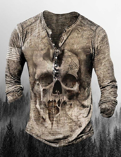 cheap Men-Men&#039;s Henley Shirt T shirt Graphic Skull Henley Plus Size Street Casual Long Sleeve Button-Down Print Tops Basic Casual Classic Big and Tall Khaki