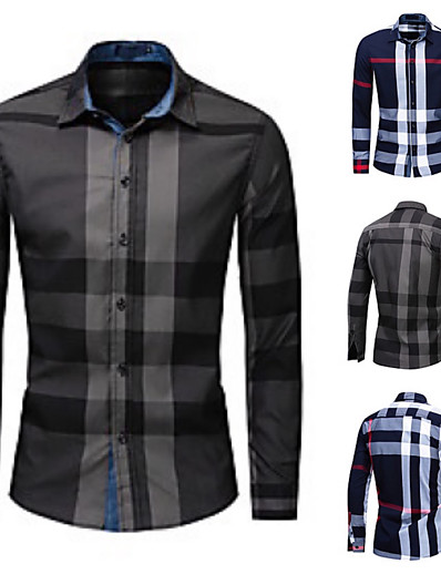 cheap Men-Men&#039;s Shirt Lattice Color Block Turndown Casual Daily Long Sleeve Button-Down Tops Business Casual Fashion Black Royal Blue / Wash separately