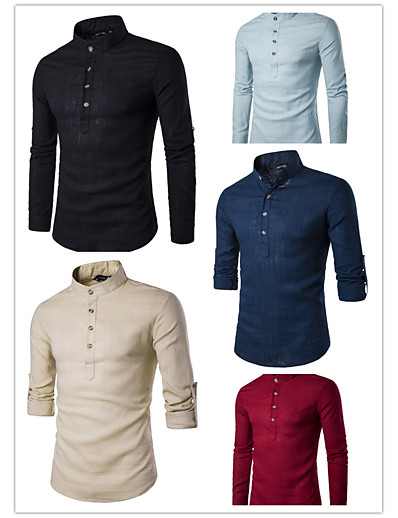 저렴한 남성용 의류-남성용 셔츠 주머니 칼라 얇음 모든계절 &amp; 가을 와인 레드 푸른 블랙 카키 다크 블루
