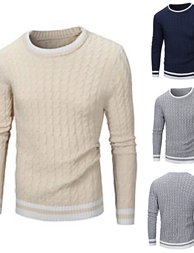 cheap Basic Collection-Men&#039;s Sweater Sweater Cardigan Stripe Round Neck Medium Fall &amp; Winter Navy Black khaki Light Grey