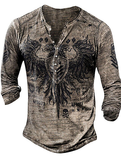 cheap Men-Men&#039;s Henley Shirt T shirt Graphic Eagle Henley Plus Size Street Casual Long Sleeve Button-Down Print Tops Basic Casual Classic Big and Tall Khaki