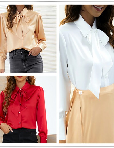 cheap Basic Collection-Women&#039;s Work Blouse Plain Sparkly Glittery Shirt Collar Lace up Streetwear Tops Silk Like Satin White Light Brown Red / Machine wash / Smooth Sensations