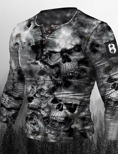 cheap Men-Men&#039;s Henley Shirt T shirt Graphic Skull Henley Plus Size Street Casual Long Sleeve Button-Down Print Tops Basic Casual Classic Big and Tall Gray