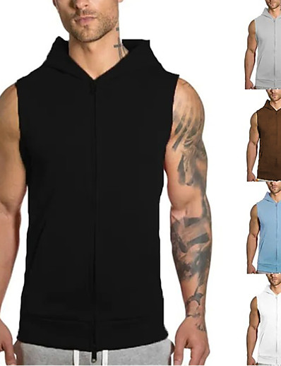 cheap Sportswear-Men&#039;s Yoga Top Hooded Summer Solid Color Wine Gray Fitness Gym Workout Leisure Sports Plus Size Vest / Gilet Tank Top Sleeveless Sport Activewear Stretchy Quick Dry Breathable Soft Standard Fit