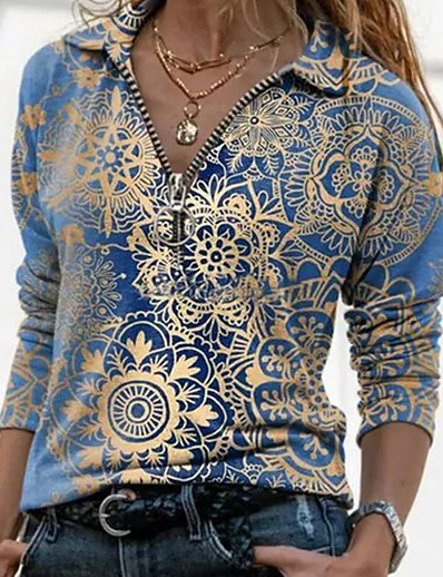 voordelige Blouses &amp; Shirts-Dames Blouse Overhemd Bloemig Sprankelend Grafische prints V-hals Overhemdkraag Kwart ritssluiting Afdrukken Basic Tops blauw Paars Klaver