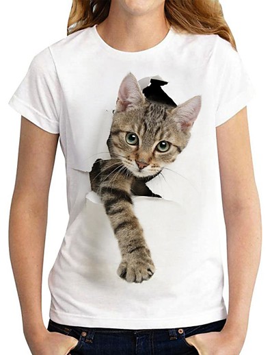 ราคาถูก เสื้อผู้หญิง-สำหรับผู้หญิง เเสื้อยืด แมว 3D การเพ้นท์สี แมว 3D คอกลม ลายพิมพ์ พื้นฐาน ท็อปส์ ขาว สีดำ / พิมพ์ 3 มิติ