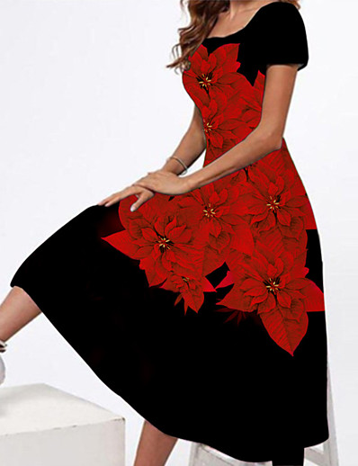 cheap Women-Women&#039;s Knee Length Dress A Line Dress Green Blue Black Pink Red Long Sleeve Print Floral Round Neck Fall Winter Stylish Elegant Vintage 2022 S M L XL XXL XXXL