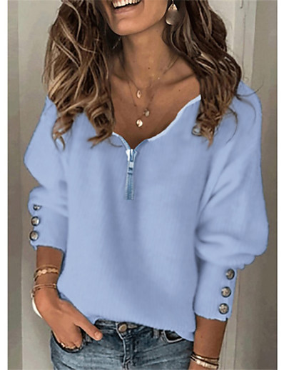 baratos Moletons-Mulheres Pulôver Suéter Côr Sólida Zíper Tricotado Botão Estiloso Básico Casual Manga Longa Casacos de malha Outono Inverno Decote V Azul Cinzento Branco
