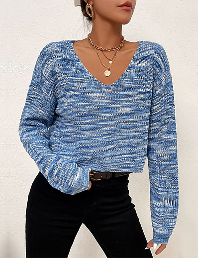 저렴한 여성용 의류-여성용 풀오버 스웨터 니트 일상 플레인 V 넥 모든계절 &amp; 가을 표준 푸른