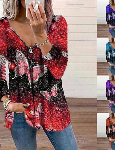 hesapli Kadın Giyim-Kadın&#039;s Bluz Fermuar Desen Tropik Moda Y-Yaka İlkbahar &amp; Kış Normal Mor Kraliyet Mavisi Turuncu YAKUT Açık Mavi