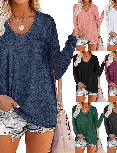 baratos Coleção Básica-Mulheres Blusa Camisa Social Tecido Decote V Negócio Básico Elegante Blusas Azul Vinho Verde Tropa