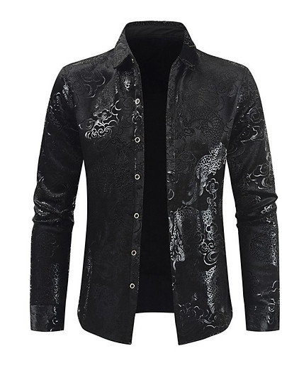 cheap Men-Men&#039;s Shirt Floral Turndown Casual Daily Long Sleeve Button-Down Tops Velvet Casual Fashion Breathable Comfortable Black