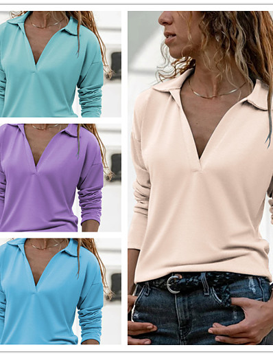 baratos Coleção Básica-Mulheres Camiseta Básico Moderno Tecido Decote V Primavera &amp; Outono Padrão Azul Roxo Verde Bege