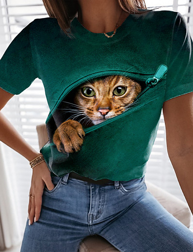 billiga Damöverdelar-Dam T-shirt 3D Cat Målning Katt 3D Rund hals Mönster Grundläggande Blast Grön Blå Purpur / 3D-tryck