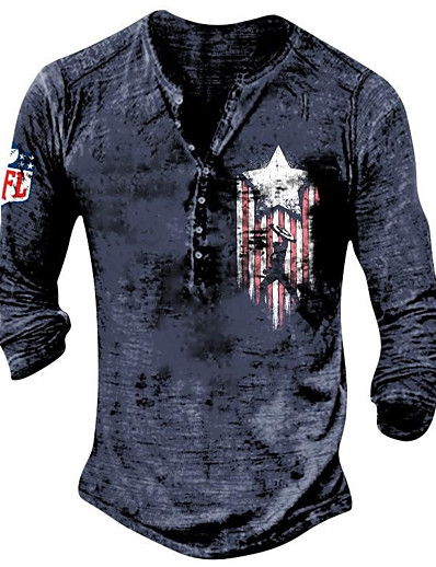 cheap Men-Men&#039;s Henley Shirt T shirt Graphic Star Henley Plus Size Street Casual Long Sleeve Button-Down Print Tops Basic Casual Classic Big and Tall Blue
