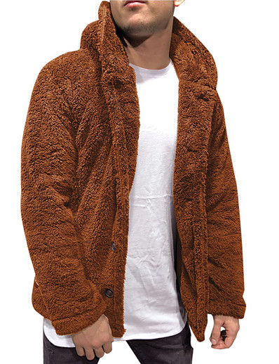 cheap Men&#039;s Outerwear-mens fuzzy sherpa jacket hoodie fluffy fleece open front cardigan button down soft coat fall outwear winter warm thicken lined jackets with pocket for men brown